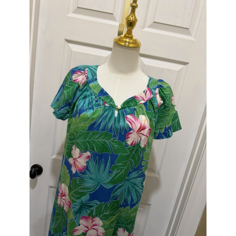 Hilo Hattie Vintage MuuMuu MuMu Size M Maxi Bright Orchid Palm Short Sleeve